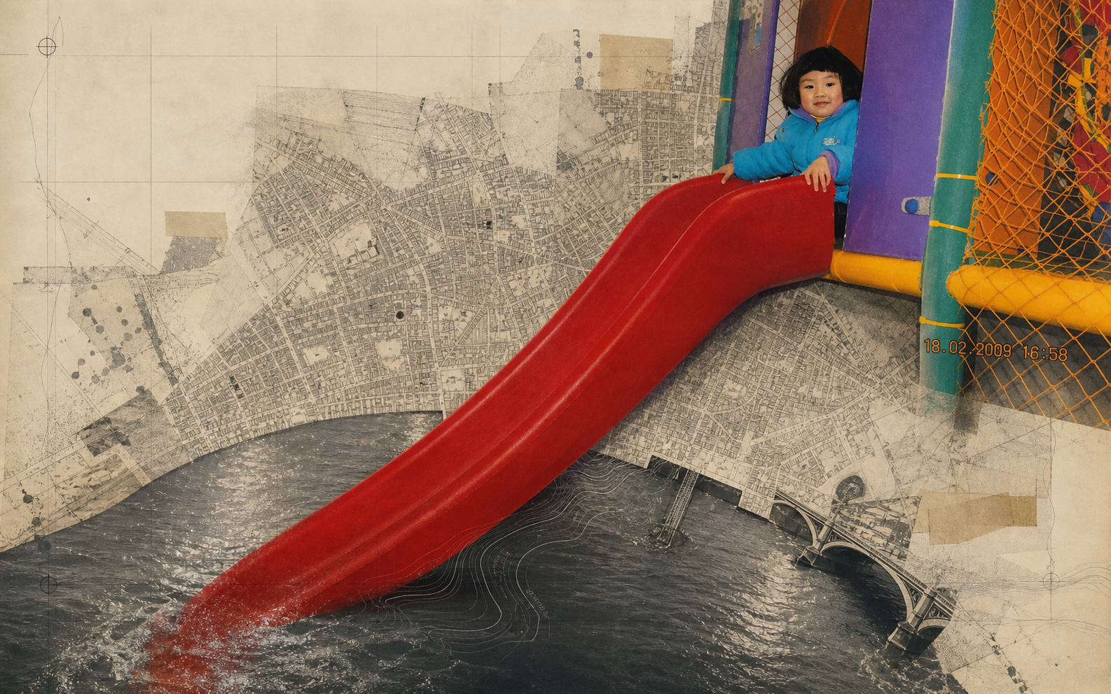 Childhood Lucia sliding through an archival map into the River Thames
